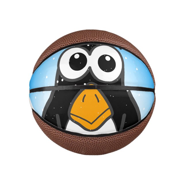 Cute Penguin Cartoon Illustrated Blue Mini Basketball (Front)