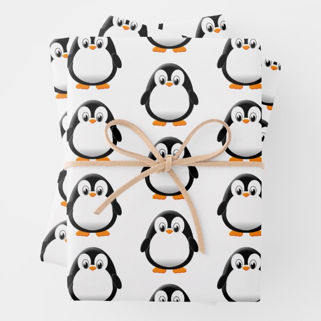 Cute Penguin Cartoon Wrapping Paper Sheet (In situ)