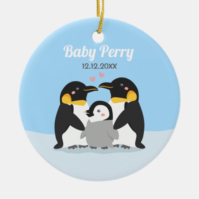 Cute Penguin Chick and Family Personalised Ceramic Ornament (Front)