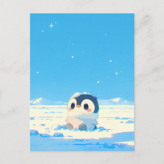 Cute Penguin Chick in Starry Arctic Landscape Postcard