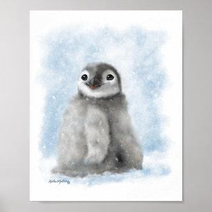 Cute Penguin Chick in the Snow Cartoon Poster