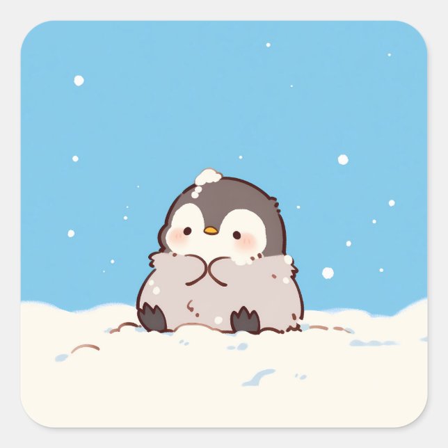 Cute Penguin Chick in Winter Snow Square Sticker (Front)