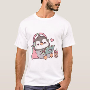 Cute Penguin Chilling With Laptop And Boba Tea T-Shirt
