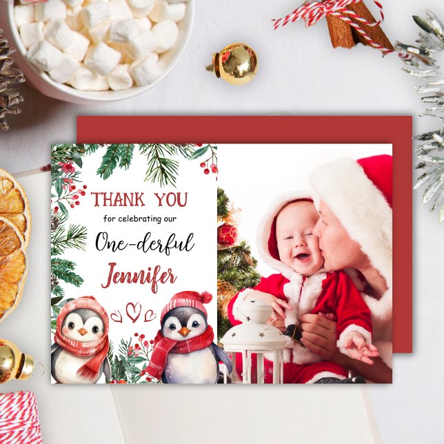 Cute Penguin Christmas 1st Birthday Thank You Card (Creator Uploaded)
