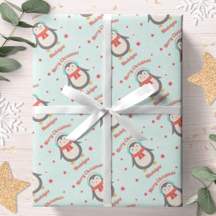 Cute Penguin Christmas Aqua Snow Personalised Wrapping Paper