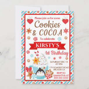 Cute Penguin Christmas Cookies and Cocoa Birthday Invitation