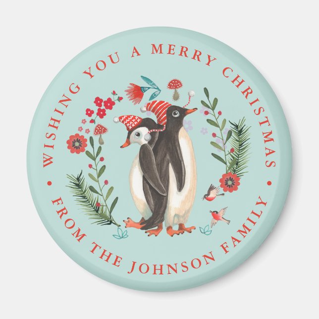 Cute Penguin Christmas Holiday Name blue Magnet (Front)