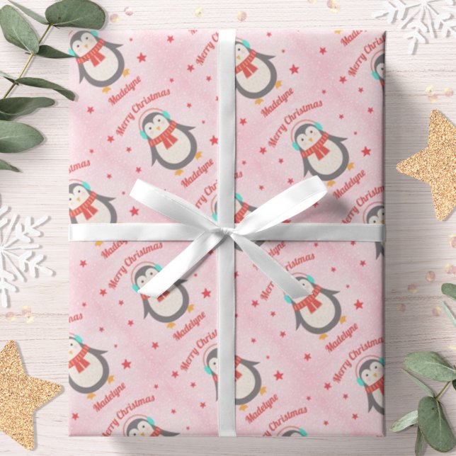 Cute Penguin Christmas Pink Snow Personalised Wrapping Paper (Creator Uploaded)