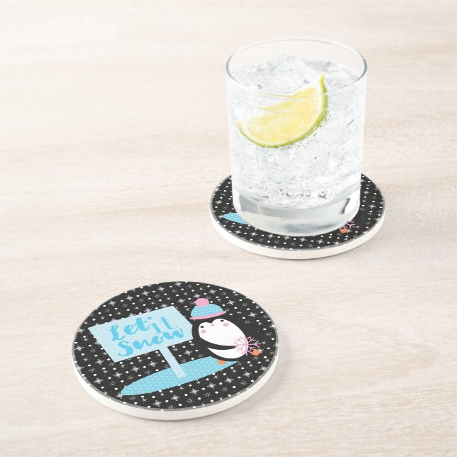 Cute Penguin Christmas Snowflakes Coaster (Side)