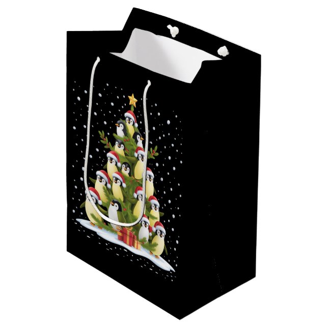 Cute Penguin Christmas Tree Funny Holiday Medium Gift Bag (Front Angled)