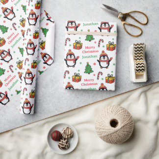 Cute Penguin Christmas Tree Holidays Wrapping Paper