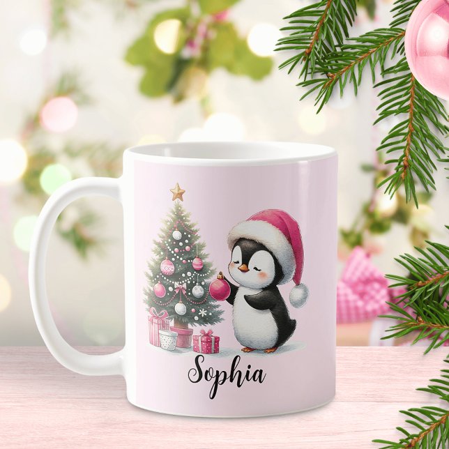 Cute Penguin Christmas Tree Pink Christmas Coffee Mug (Creator Uploaded)