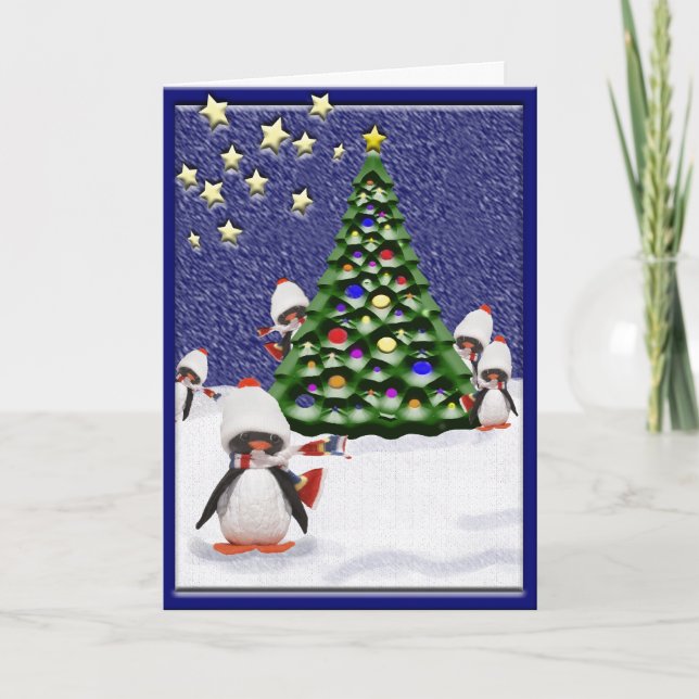 Cute Penguin Christmas Tree Snow Scene Custom Holiday Card (Front)