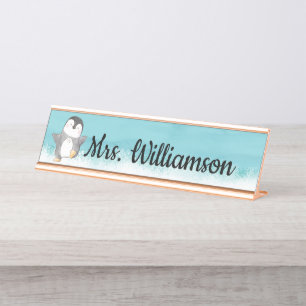 Cute Penguin Classroom Teacher Monogram Desk Name Plate