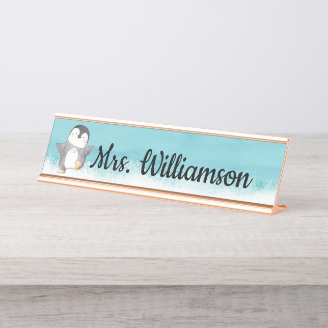Cute Penguin Classroom Teacher Monogram Desk Name Plate (Front)