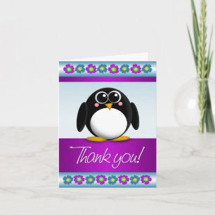 Cute Penguin Colourful Floral Thank You Note Card