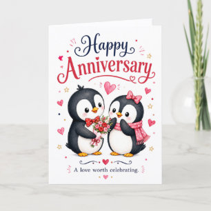 Cute Penguin Couple Happy Anniversary Holiday Card