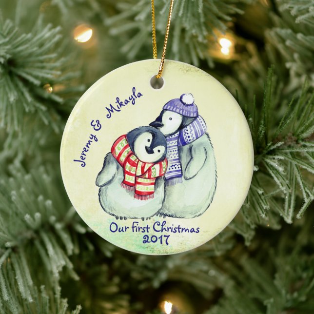 Cute Penguin Couple "Our First Christmas" Ceramic Ornament (Tree)