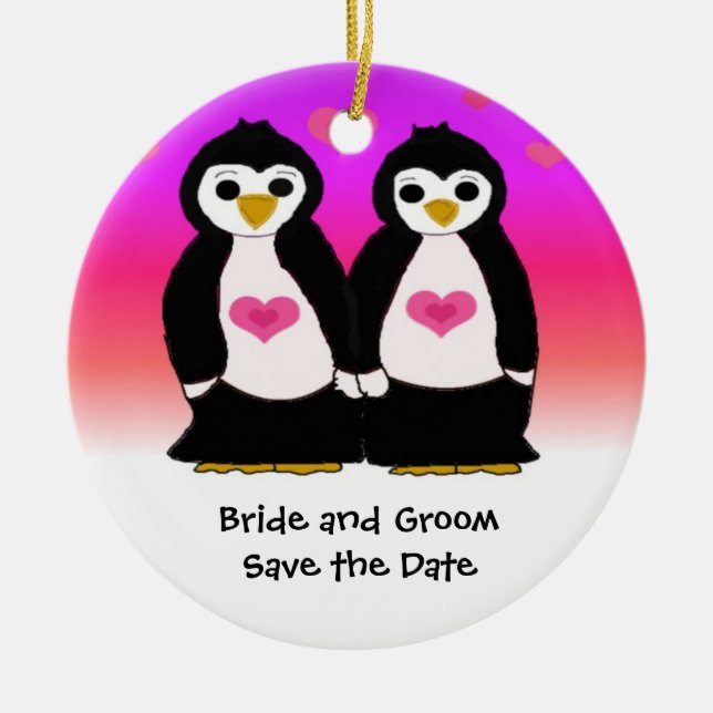 Cute Penguin Couple Save the Date Ceramic Ornament (Front)