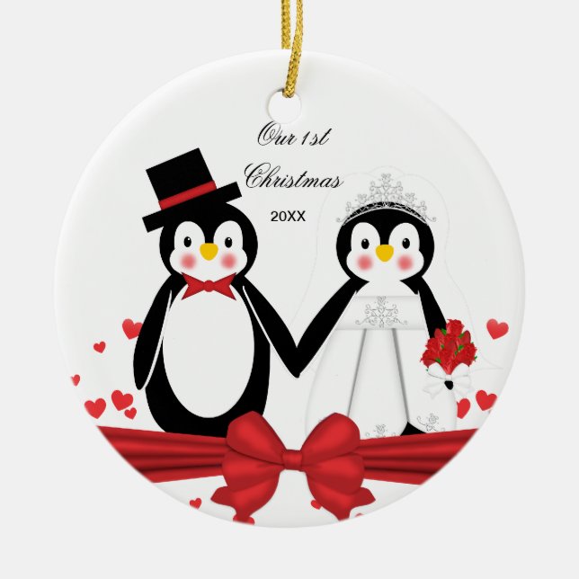 Cute Penguin Couple Wedding 1st Christmas Ornament (Front)