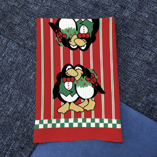 Cute Penguin Couple Whimsical Christmas Love Red Tea Towel