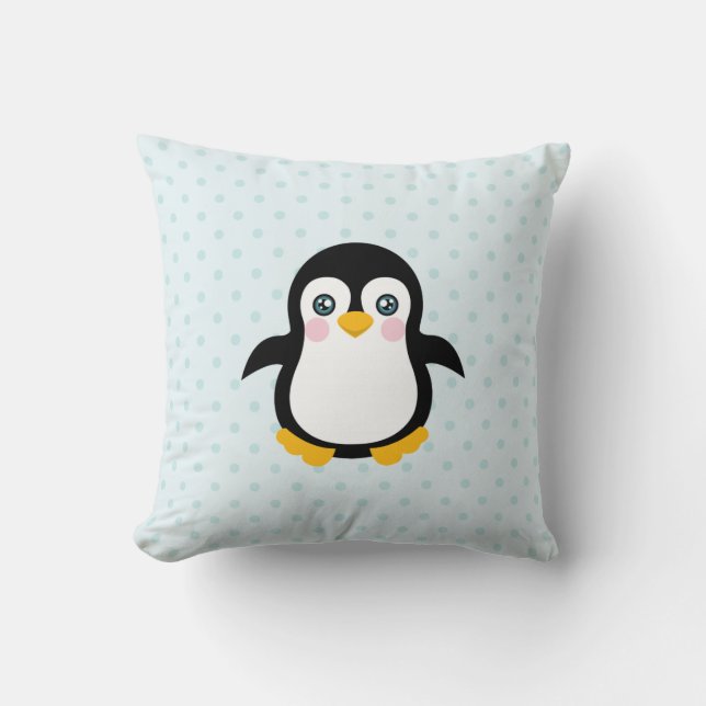 Cute Penguin Design Blue Polka Dot Background Cushion (Front)