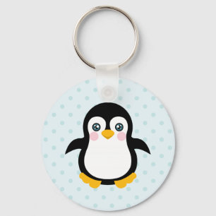 Cute Penguin Design Blue Polka Dot Background Key Ring