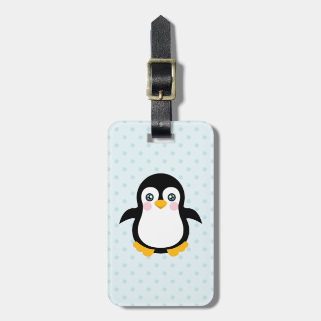 Cute Penguin Design Blue Polka Dot Background Luggage Tag (Front Vertical)