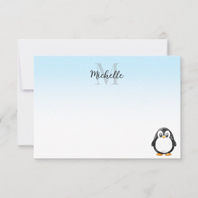 Cute Penguin Drawing Custom Monogram Card (Front)