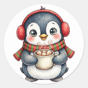 Cute Penguin Earmuffs Hot Cocoa Christmas Sticker