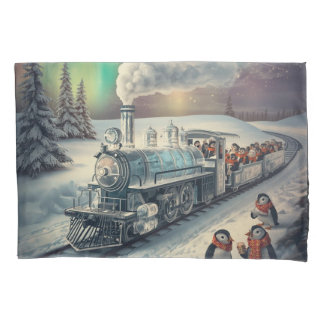 Cute Penguin Express Train Northern Lights Pillowcase