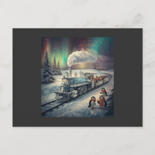 Cute Penguin Express Train Northern Lights Postcard