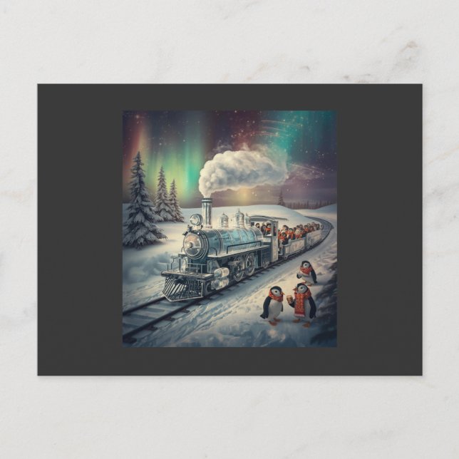 Cute Penguin Express Train Northern Lights Postcard (Front)
