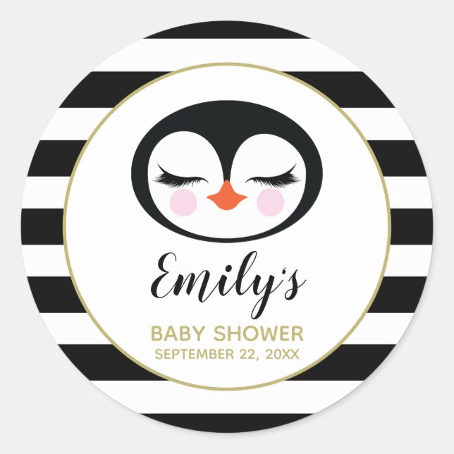 Cute Penguin Face Black and White Baby Shower Classic Round Sticker (Front)