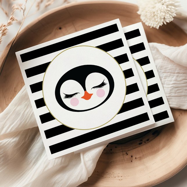Cute Penguin Face Black and White Striped Party Napkin (Creator Uploaded)