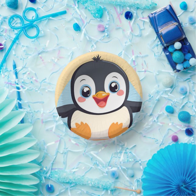 Cute Penguin Face safari zoo jungle Birthday Party Paper Plate (Party)