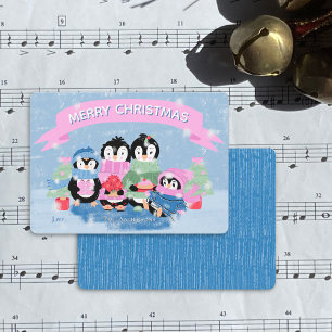 Cute Penguin Family Blue Flat Holiday Card