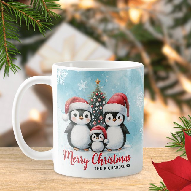 Cute Penguin Family Blue Red Merry Christmas Coffee Mug (Creator Uploaded)
