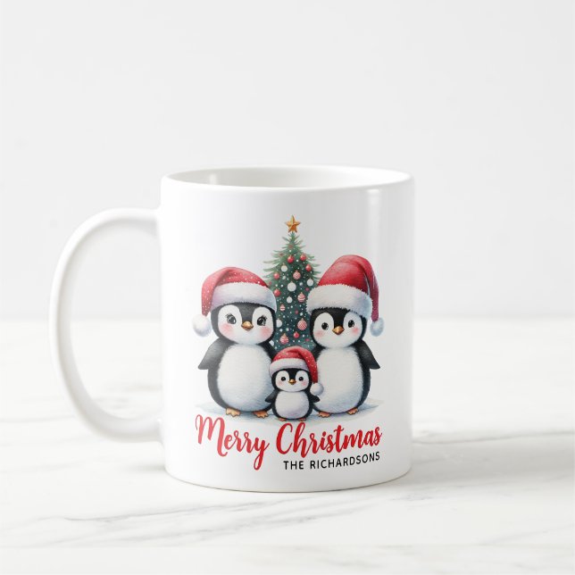 Cute Penguin Family Modern Merry Christmas Coffee Mug (Left)