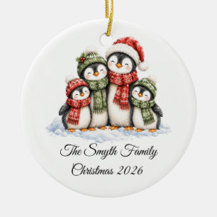 Cute Penguin Family of 4 Custom Christmas Ceramic Ornament
