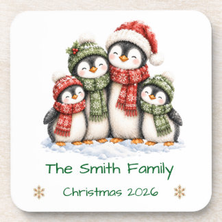 Cute Penguin Family of 4 Custom Christmas Coaster