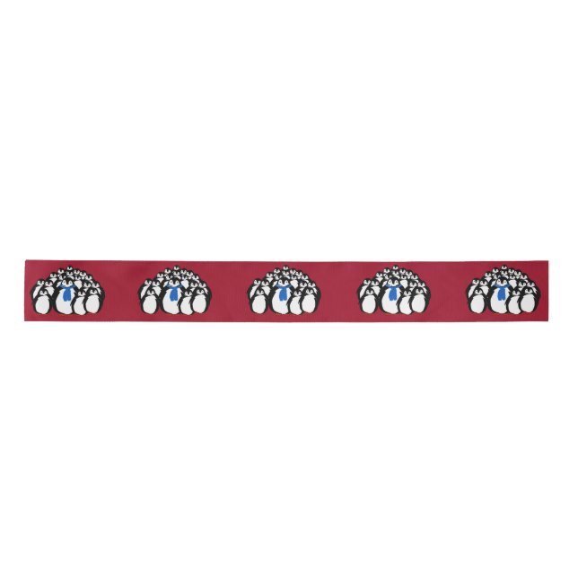 Cute Penguin Family on  Christmas Red Satin Ribbon (Front)