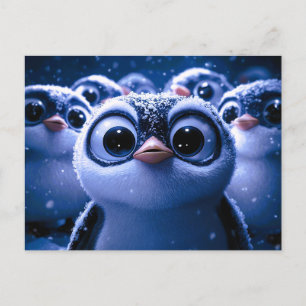 Cute Penguin Family Snowy Winter Night Holiday Postcard