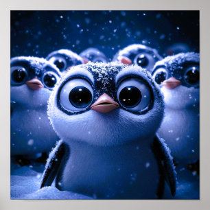 Cute Penguin Family Snowy Winter Night Poster
