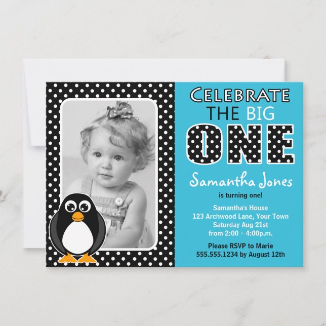 Cute Penguin First Birthday Party Blue Invitation (Front)