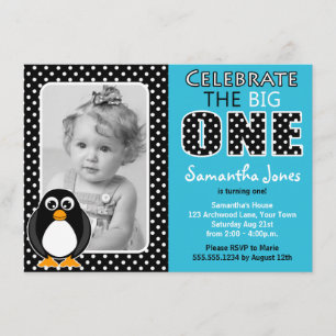 Cute Penguin First Birthday Party Blue Invitation