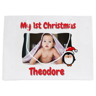 Cute Penguin First Christmas Personalised Baby Large Gift Bag