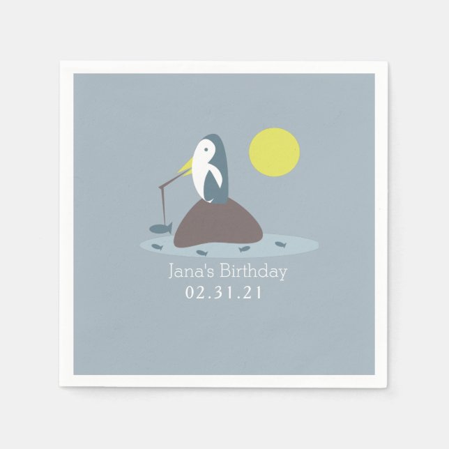 Cute Penguin Fishing Birthday Party Napkin (Front)