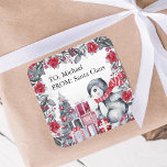 Cute Penguin From Santa Kids Christmas Square Sticker<br><div class="desc">Cute kids christmas stickers featuring a washed out grey background,  elegant watercolor xmas red florals & foliage,  adorable baby penguins,  xmas tree,  gifts,  and a text template for you to customise.</div>