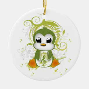 Cute penguin green fluffy effect music note swirls ceramic tree decoration